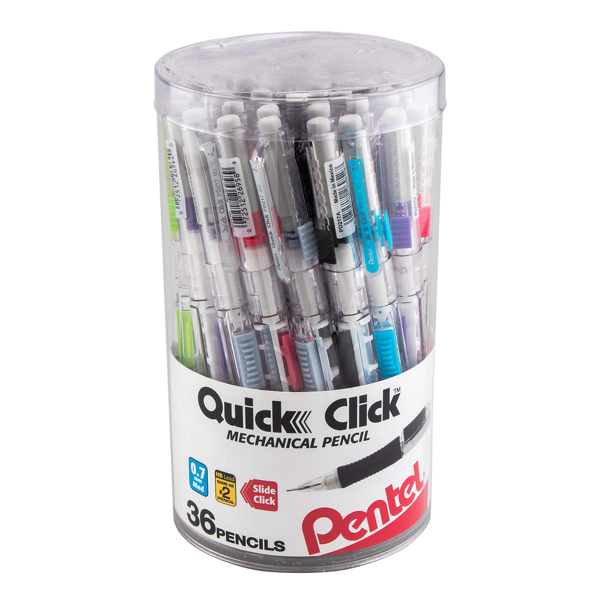 Pentel Quick Click Mechanical Pencil, (0.7mm) Med Line, Canister, Assorted Colors (A/D/N/P/S/V)