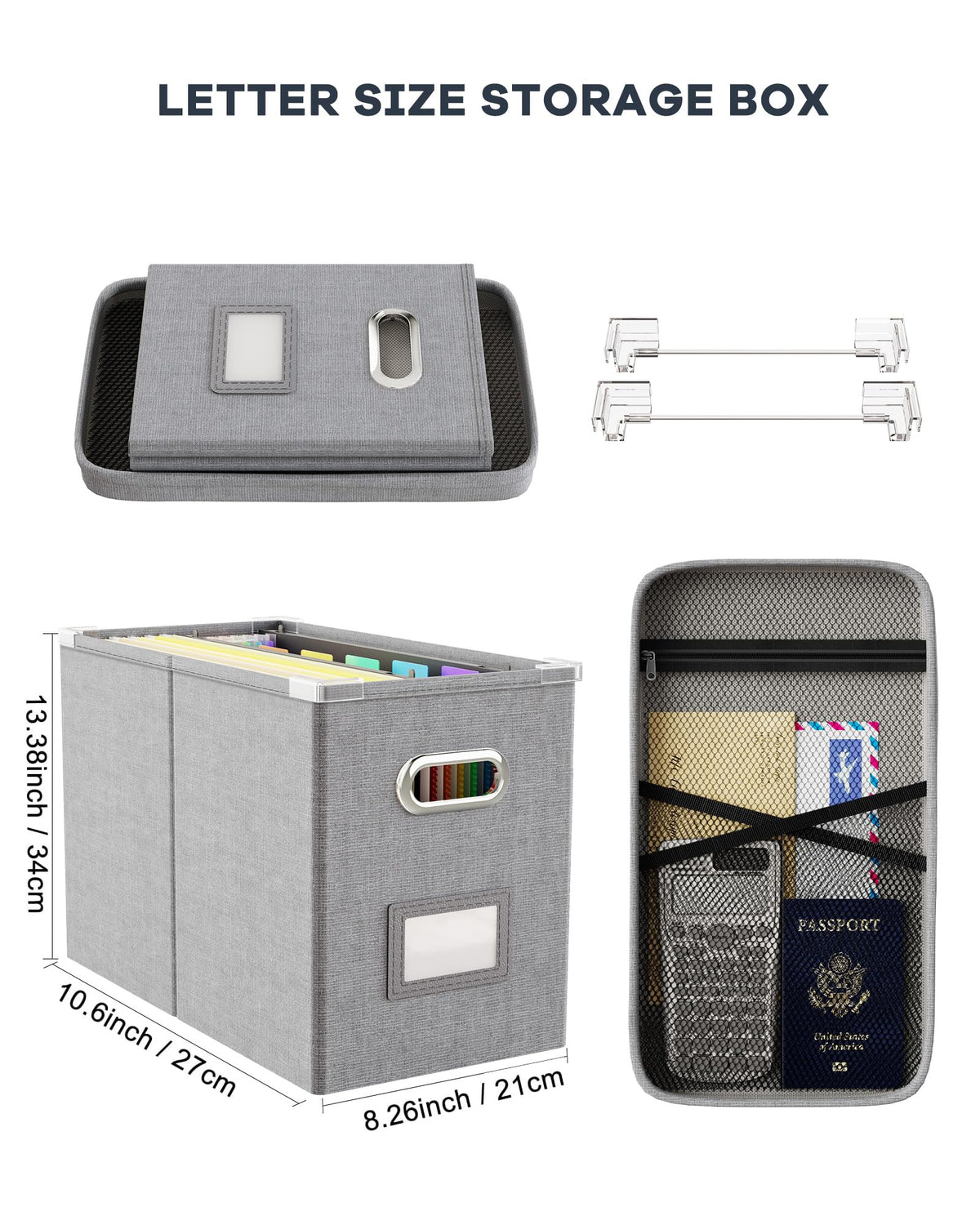 Oterri Hanging Filing File Box with Mesh Pocket, File Organizer Box with Lid, Collapsible Document