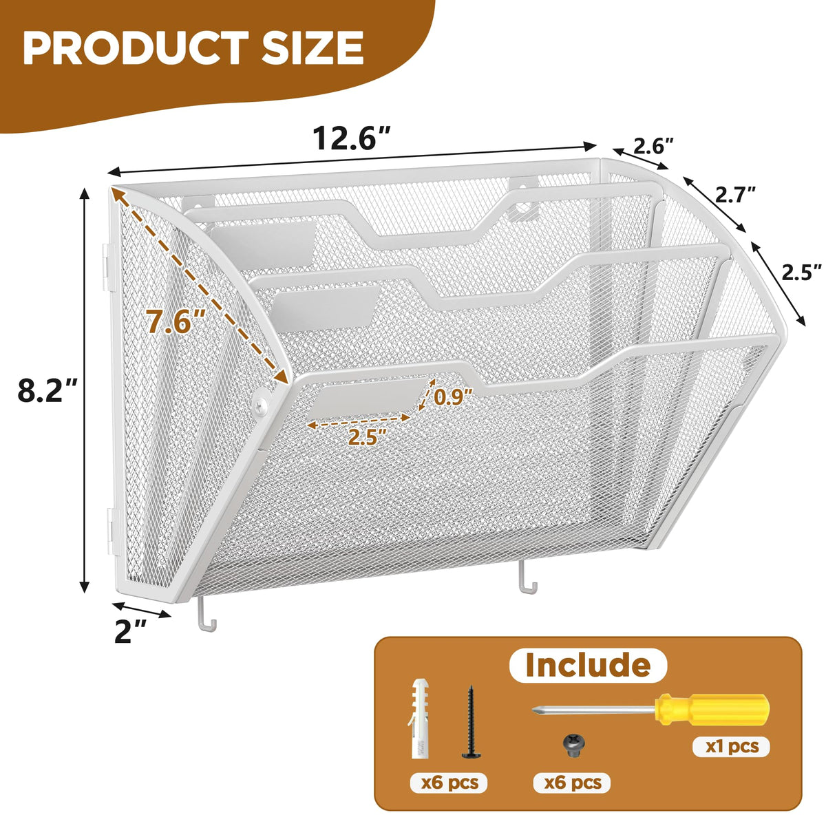 Docnest 3 Pack 3 Tier Mesh Wall File Holders with Hooks for Mail, White