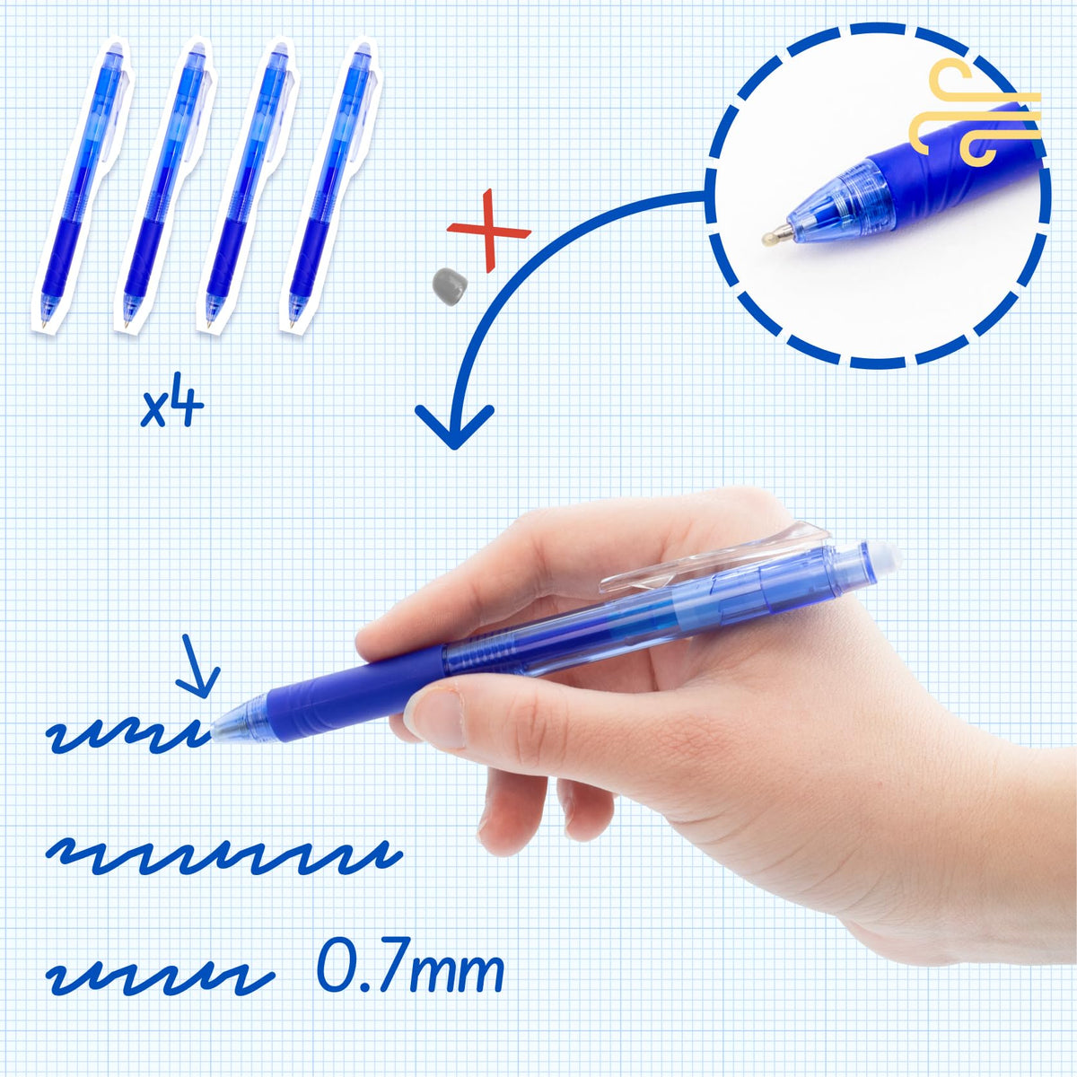 RAYLU PAPER® - Pack of 4 Erasable Retractable Ballpoint Pens, with Hybrid Gel Ink, Blue and 0.7mm