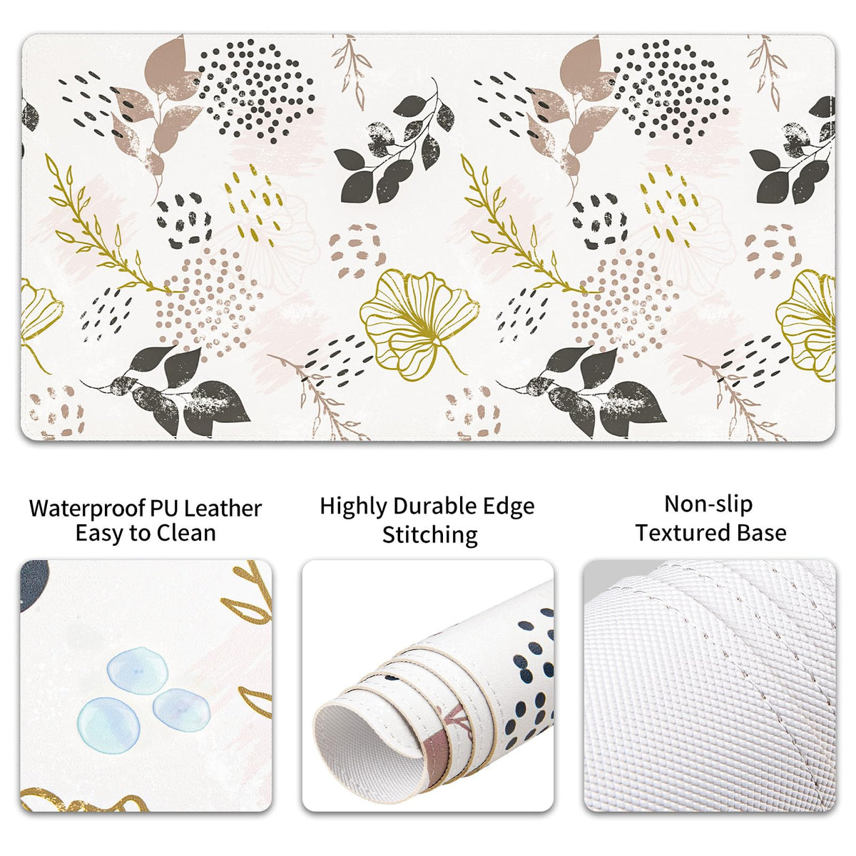 QiyI PU Leather Desk Mat Set, 4-in-1 Ergonomic Wrist Rest, Botanical Leaf