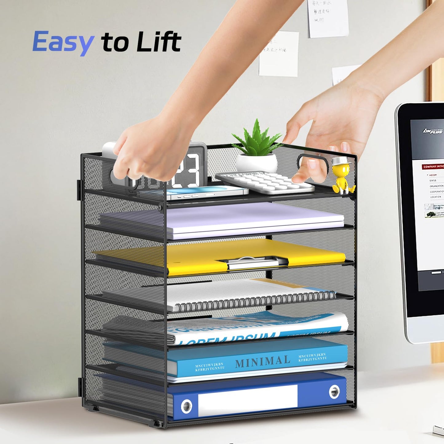 ReePlan 7 Tier Paper Organizer for Desk with Letter Trays & Handle Black