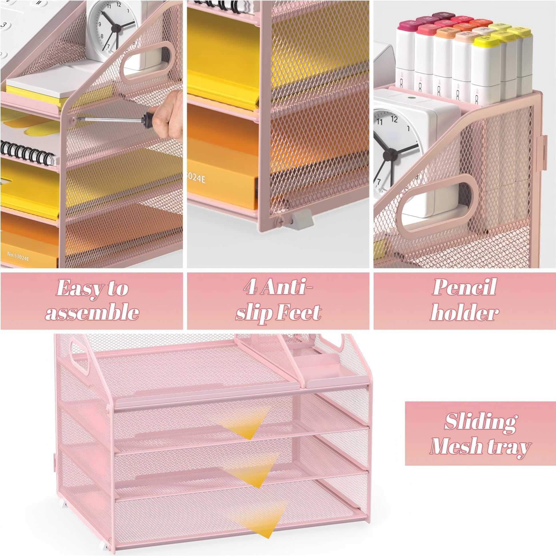 OrgMate 4 Tier Mesh Desk Organizer with Pen Holder and Handle Letter Tray