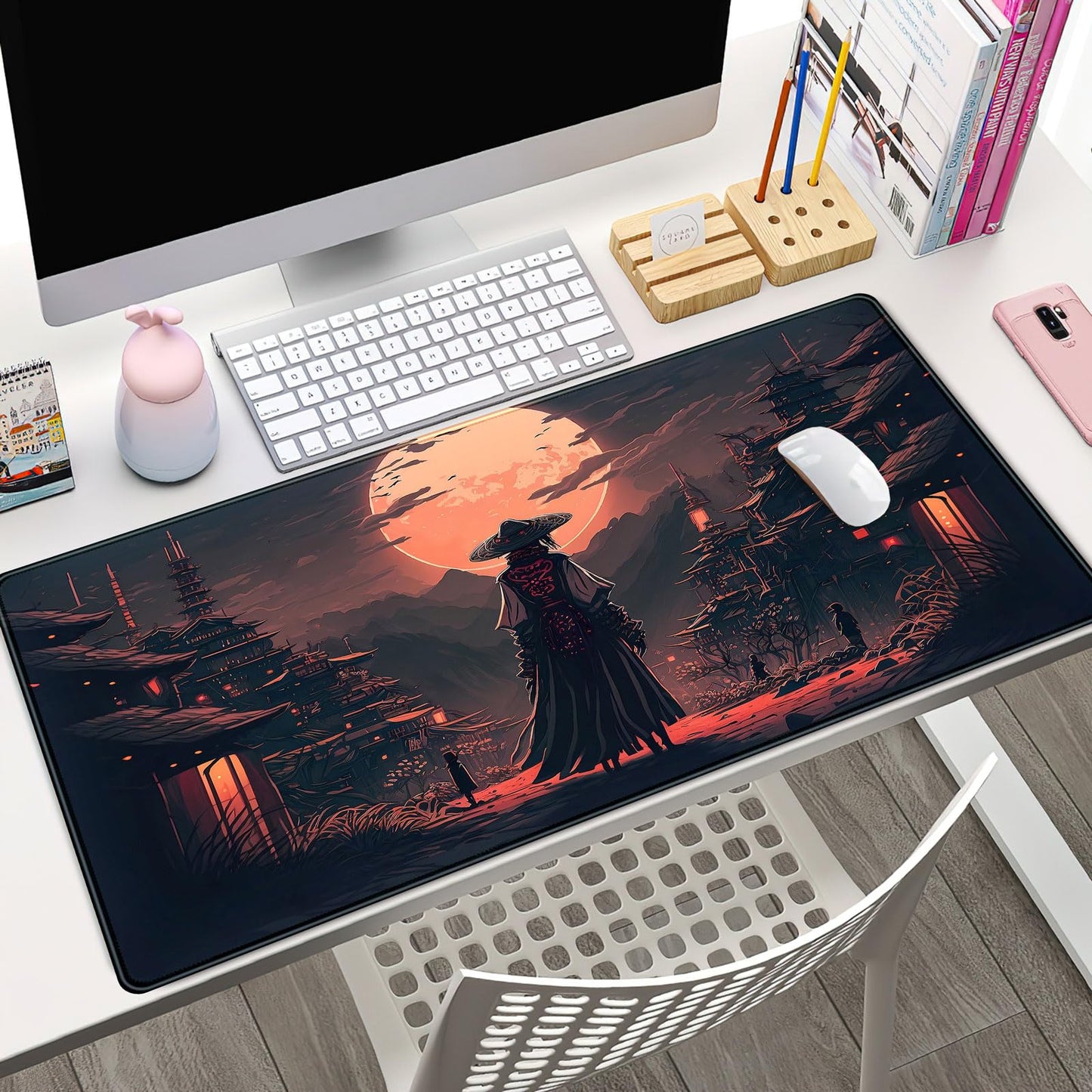 Japanese Landscape Desk Mat Post Moonlight Samurai Mouse Pad Large Dark Aesthetic Desk Pad Gaming