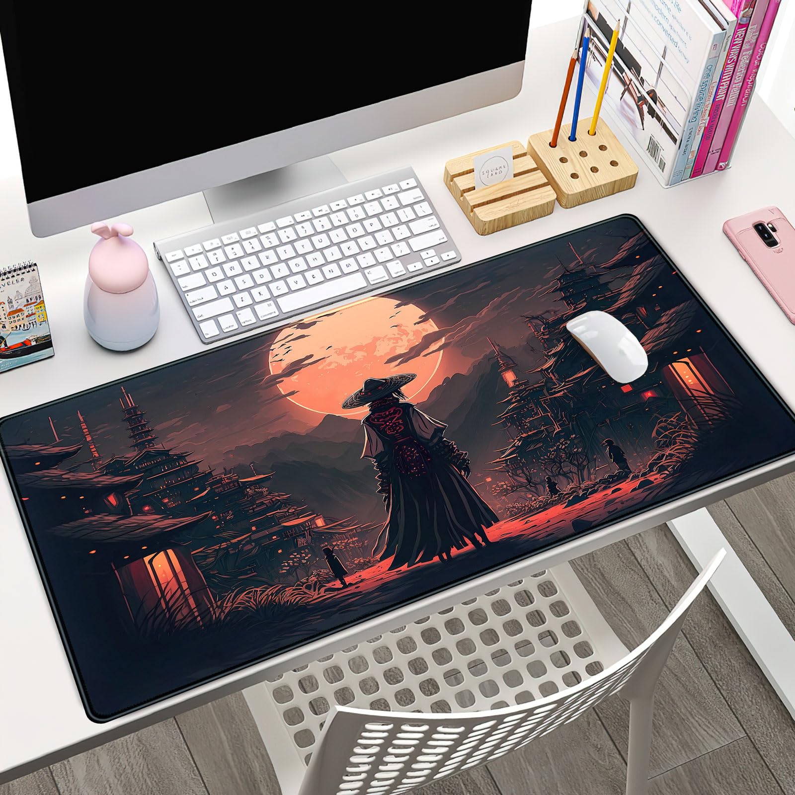 Japanese Landscape Desk Mat Post Moonlight Samurai Mouse Pad Large Dark Aesthetic Desk Pad Gaming