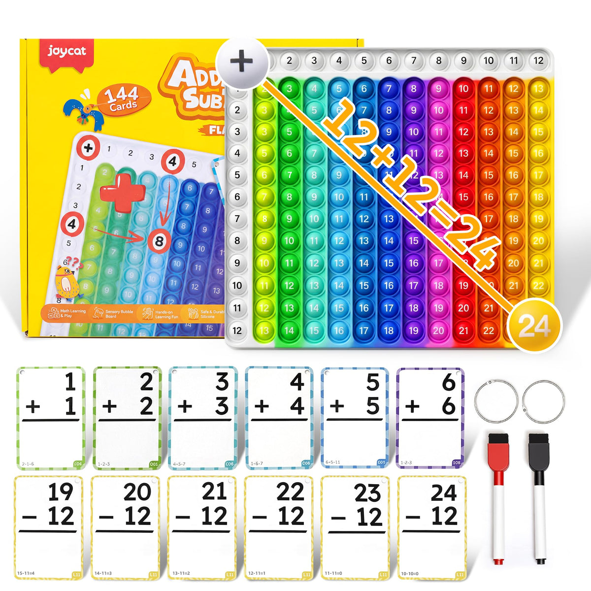 JoyCat 144 Addition & Subtraction Flash Cards with Learning Board, Ages 4-8