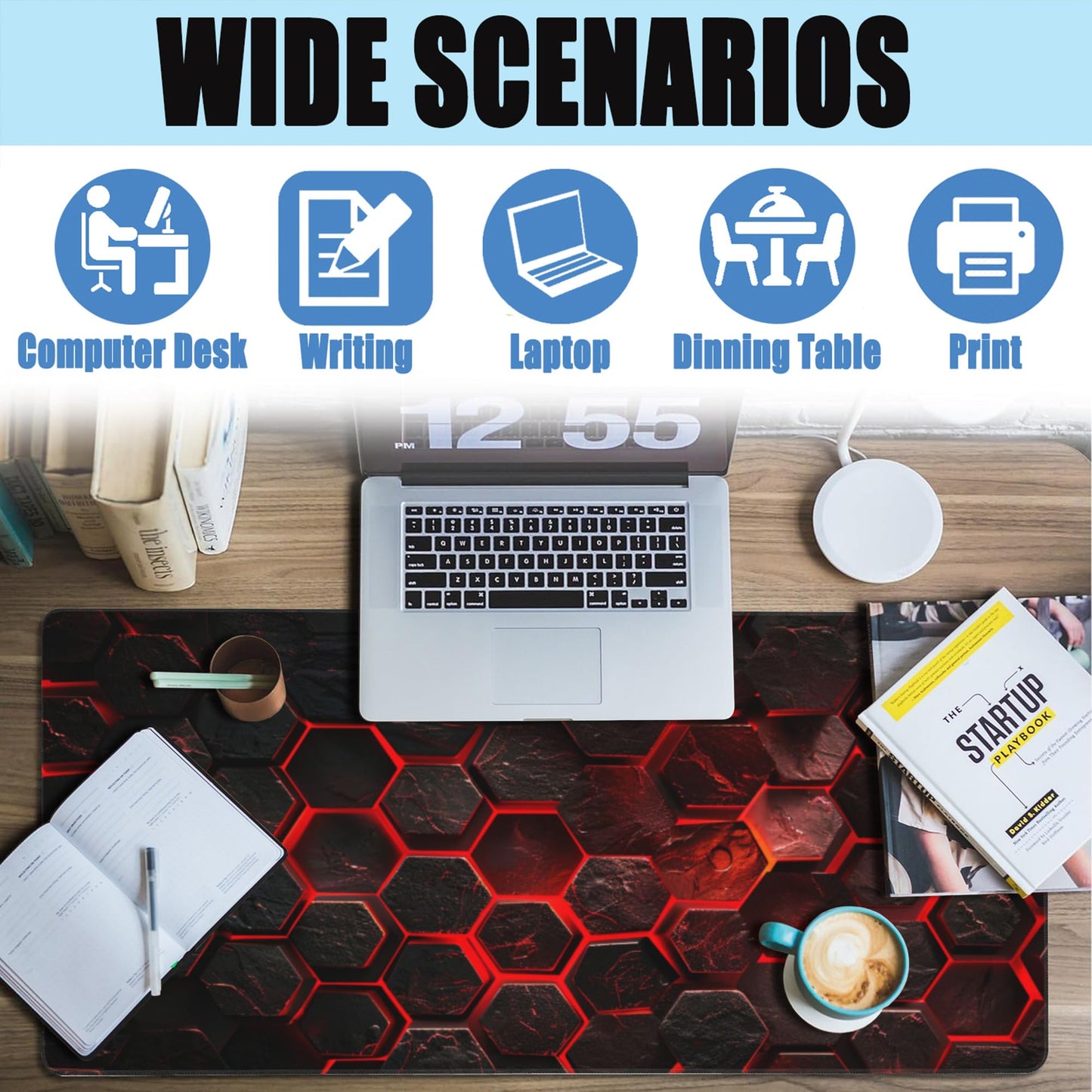 Large Gaming Mouse Pad for Desk,Red Honeycomb Science Technology Desk Mat,Honeycomb Hexagon Desk