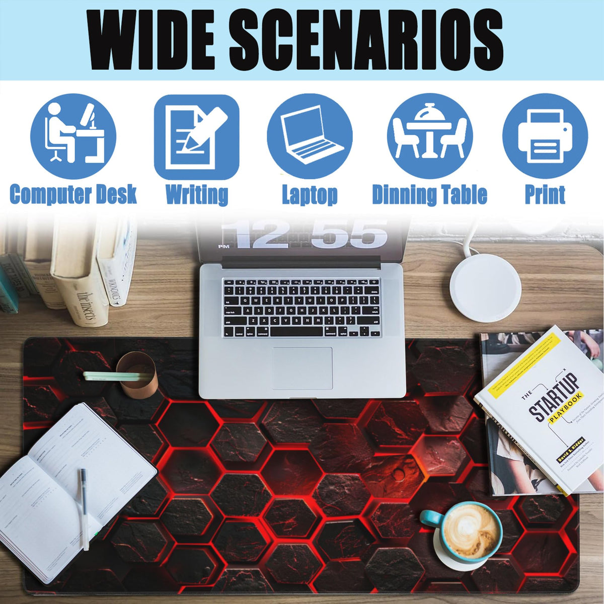 Large Gaming Mouse Pad for Desk,Red Honeycomb Science Technology Desk Mat,Honeycomb Hexagon Desk