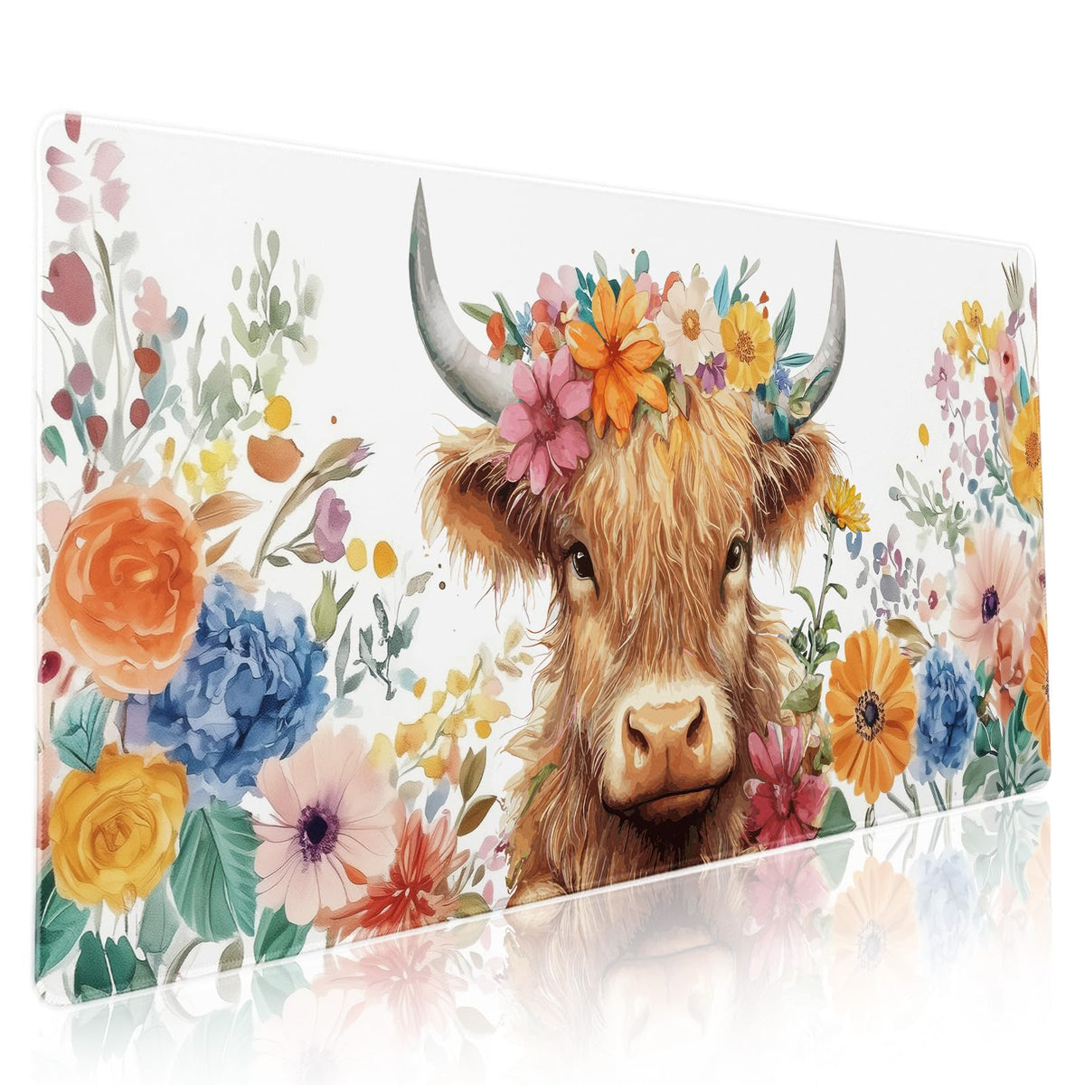 Aesthetic Highland Cow Gaming Mouse Pad XXL Cow Print Blue Orange Floral Extended Large Mat