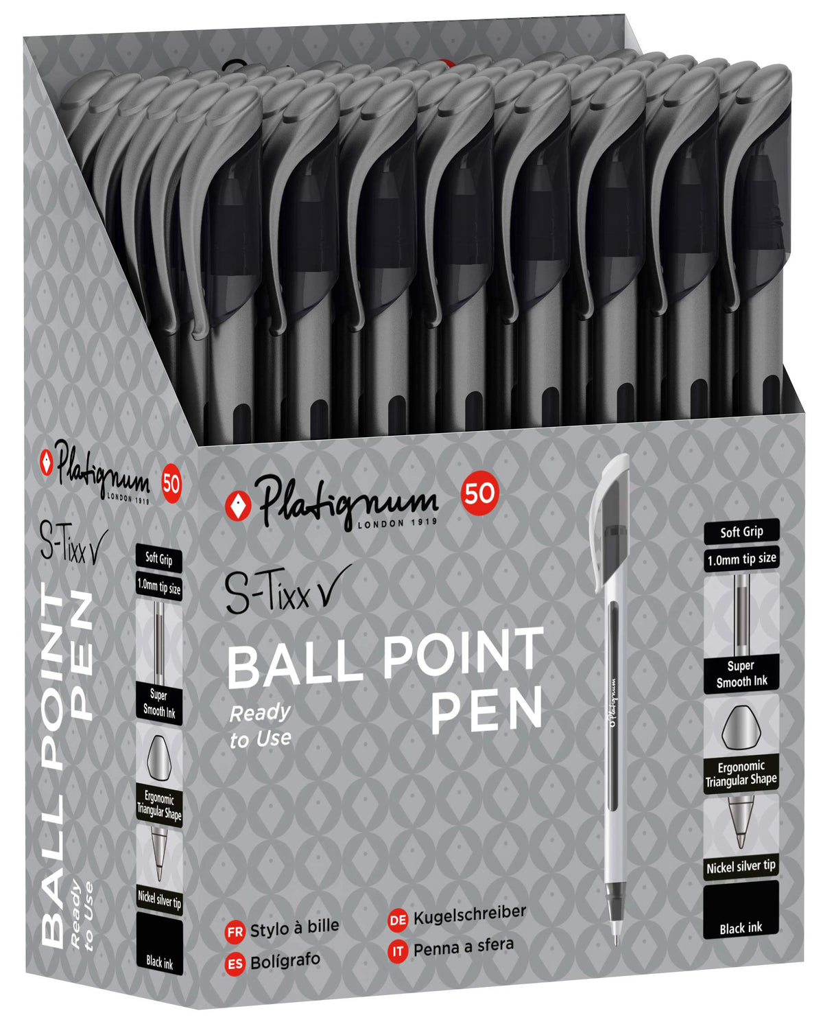 Platignum S-Tixx Black Ballpoint Pen [Pack of 50] Soft Grip Barrel with LV Ink for Smudge-Free and