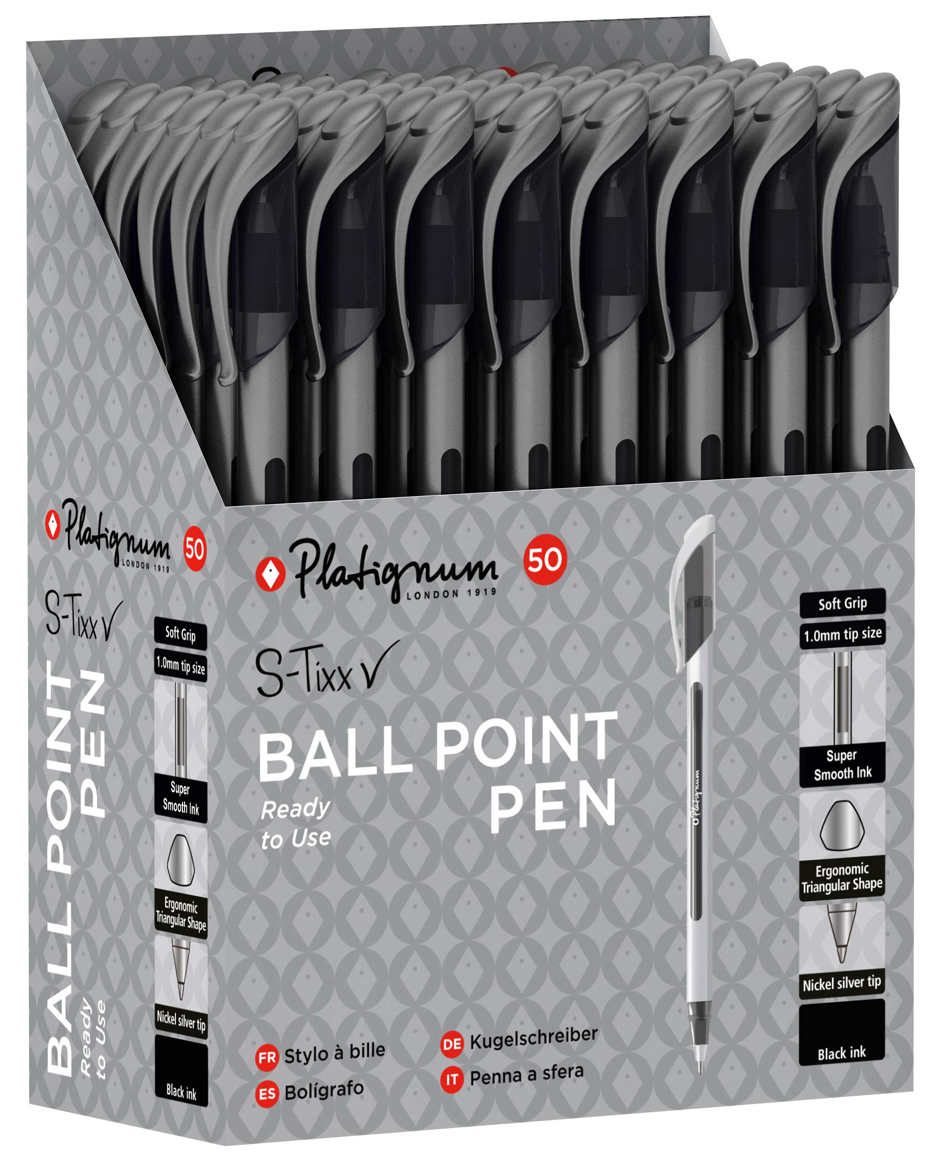 Platignum S-Tixx Black Ballpoint Pen [Pack of 50] Soft Grip Barrel with LV Ink for Smudge-Free and