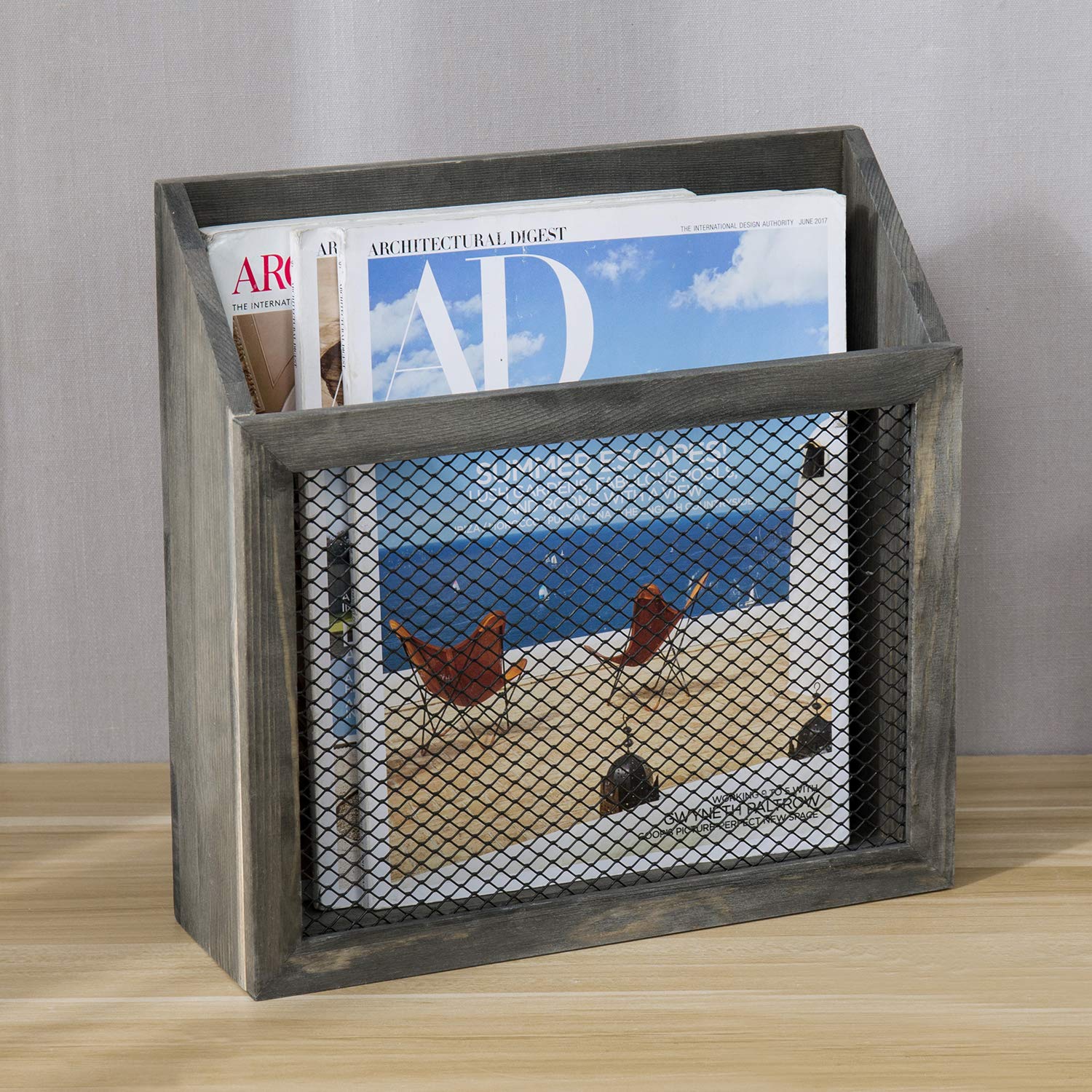 MyGift Vintage Gray Wood Magazine Holder, Chicken Wire Mail Sorter