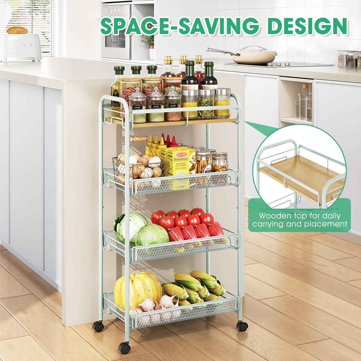 TOOLF 4-Tier Rolling Cart, Metal Utility Cart, Slide Out Storage Cart with Wooden Tabletop and Mesh