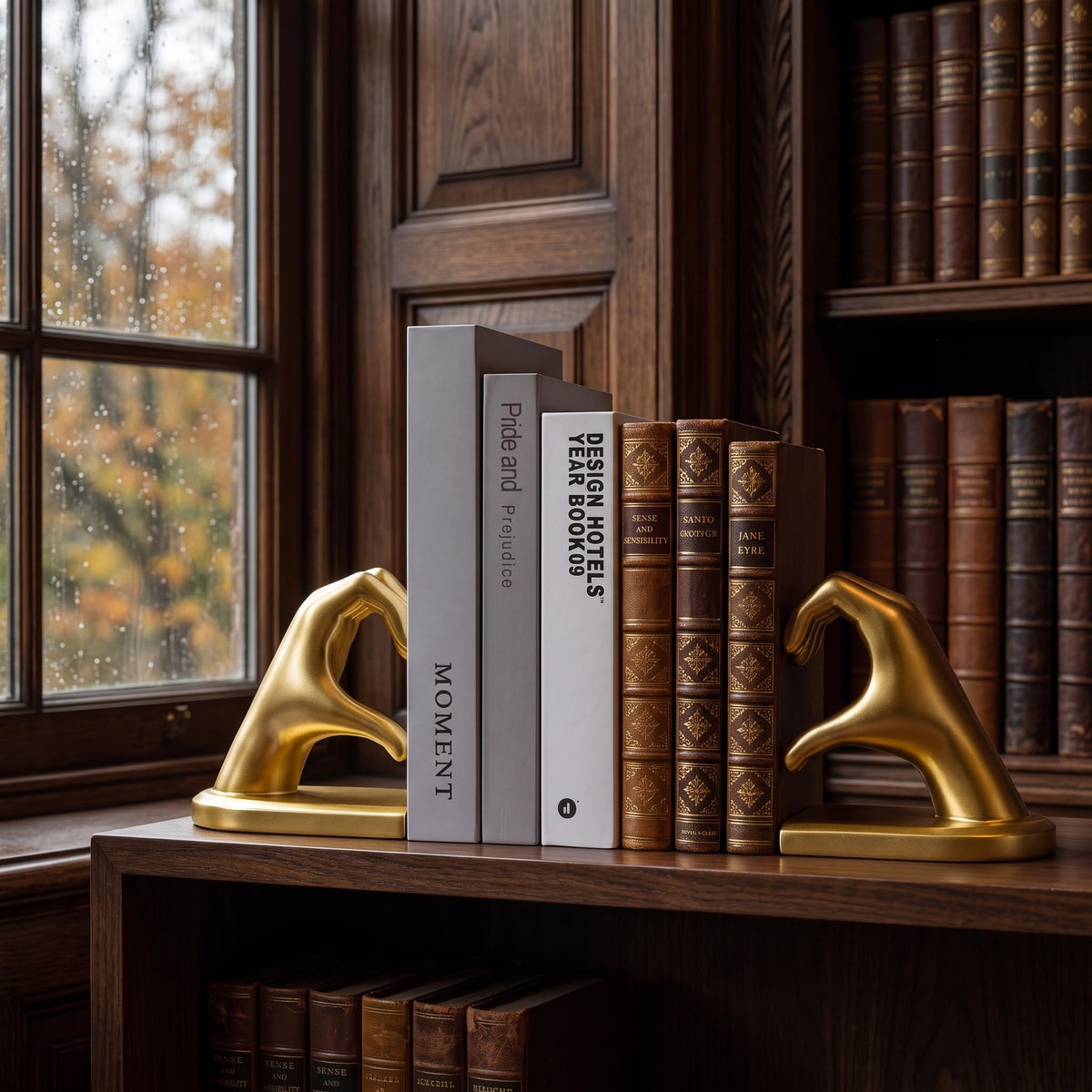 xmeden Gold Decorative Bookends for Shelves, Heart Hands Resin Sculpture with Non-Slip Felt Base