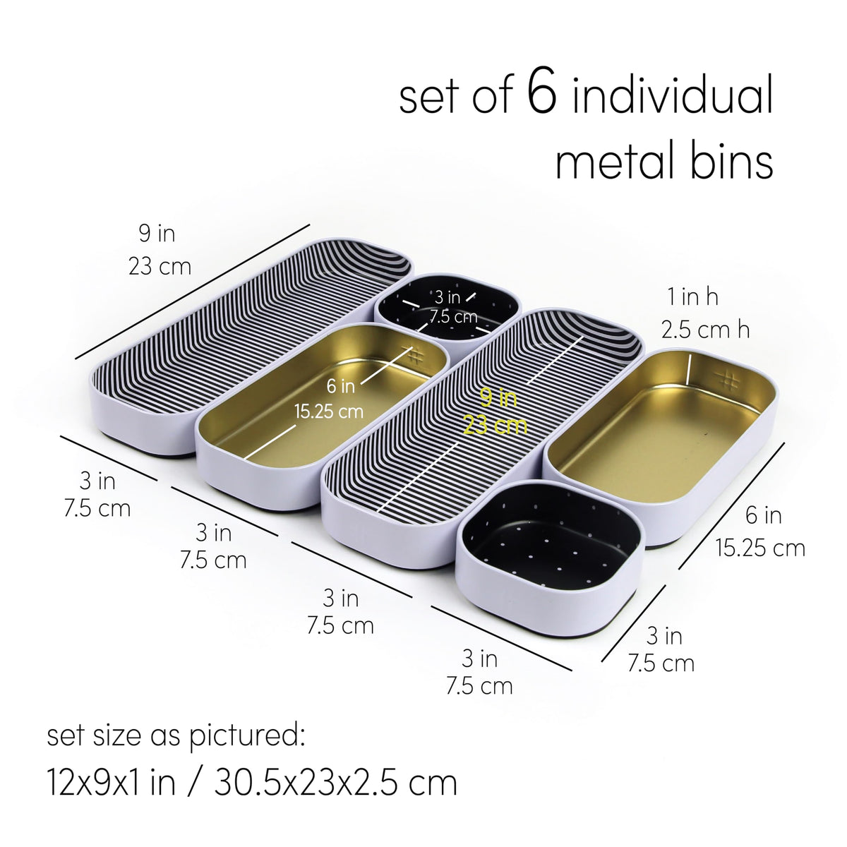 Three by Three Seattle Metal Drawer Organizer Tray Set, 6-Pc, 1" (Gold)