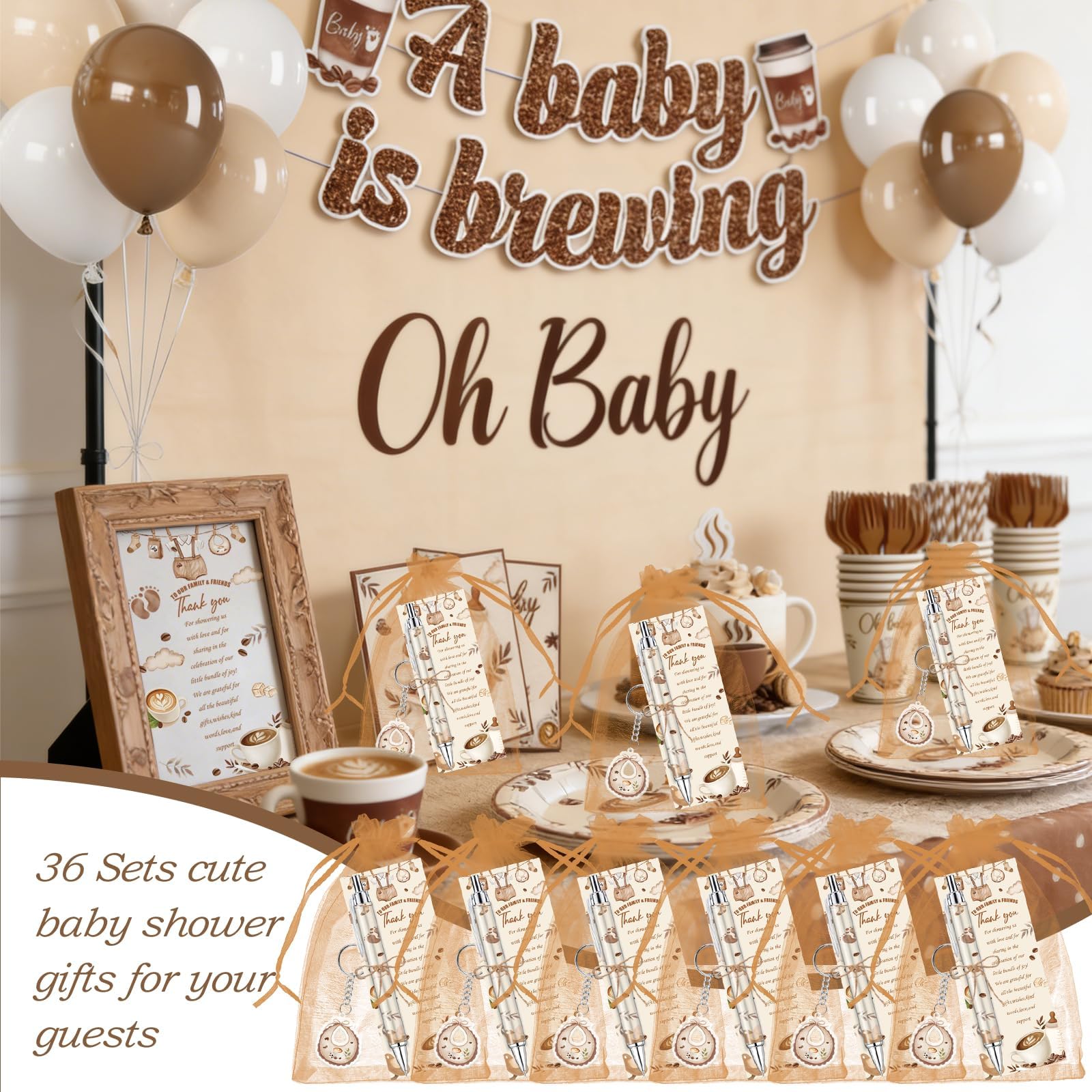 145 Pieces Coffee Baby Shower Favors for Guest A Baby is Brewing Ballpoint Pens and Keychains Gifts
