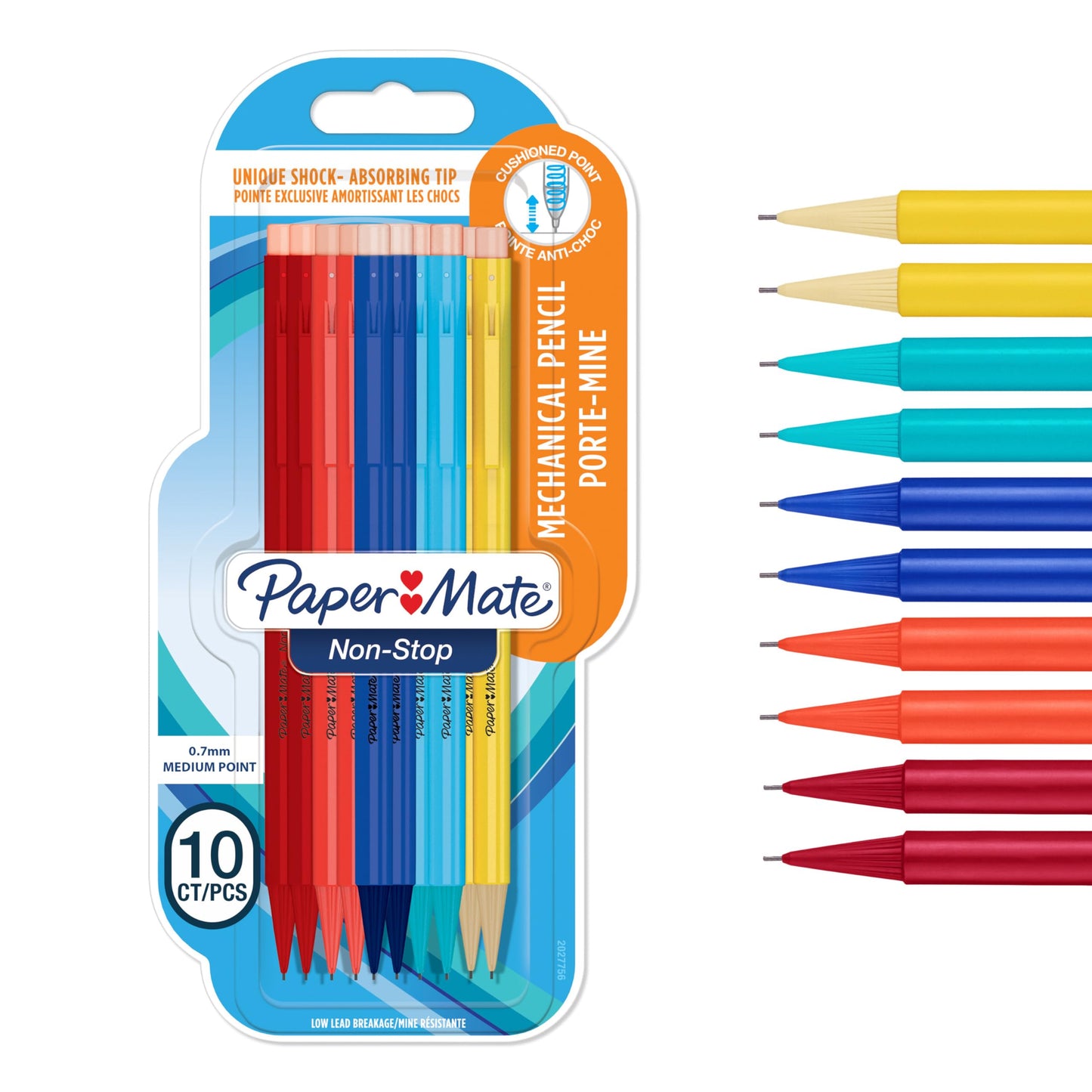 Paper Mate Non-Stop Mechanical Pencil | 0.7mm with Shock-Absorbing Tip | HB #2 | Assorted Barrel