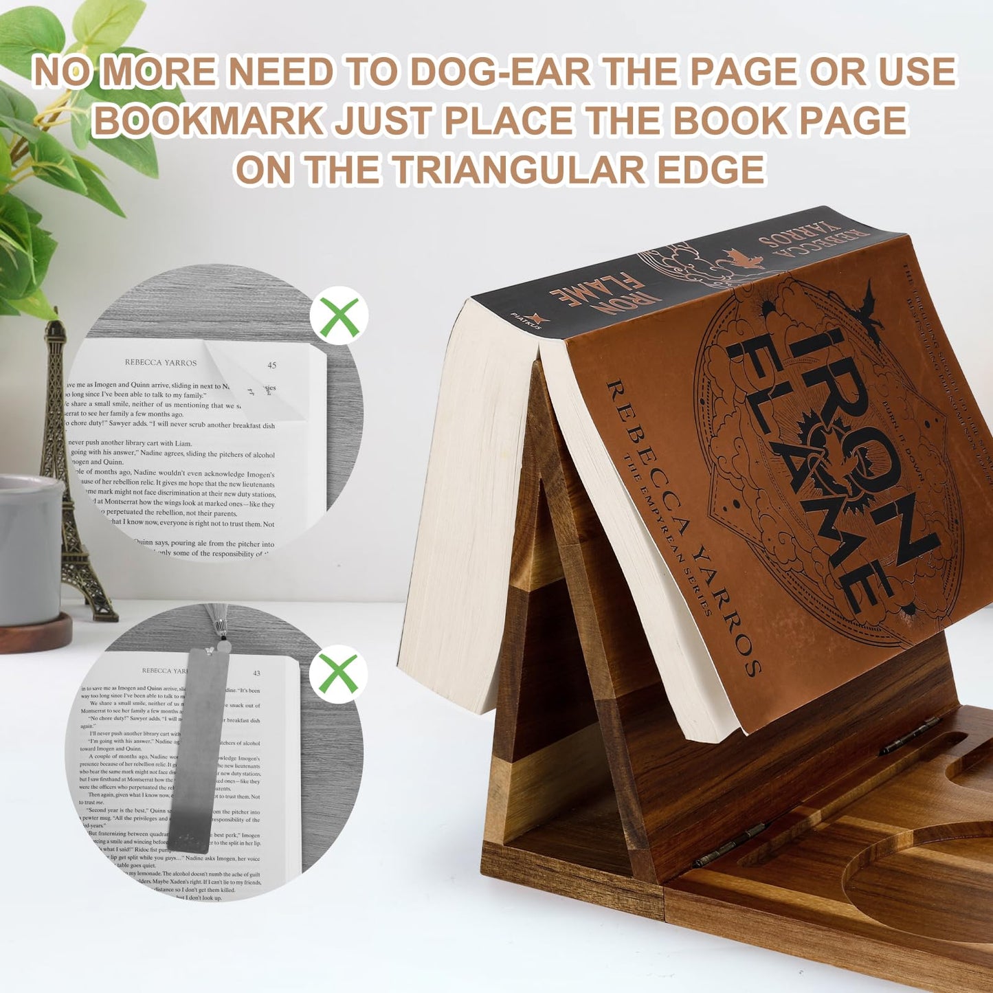 3HQ Wooden Book Stand for Reading Rest, Acacia Triangle Book Holder with Cup, Glasses, Pen & Phone