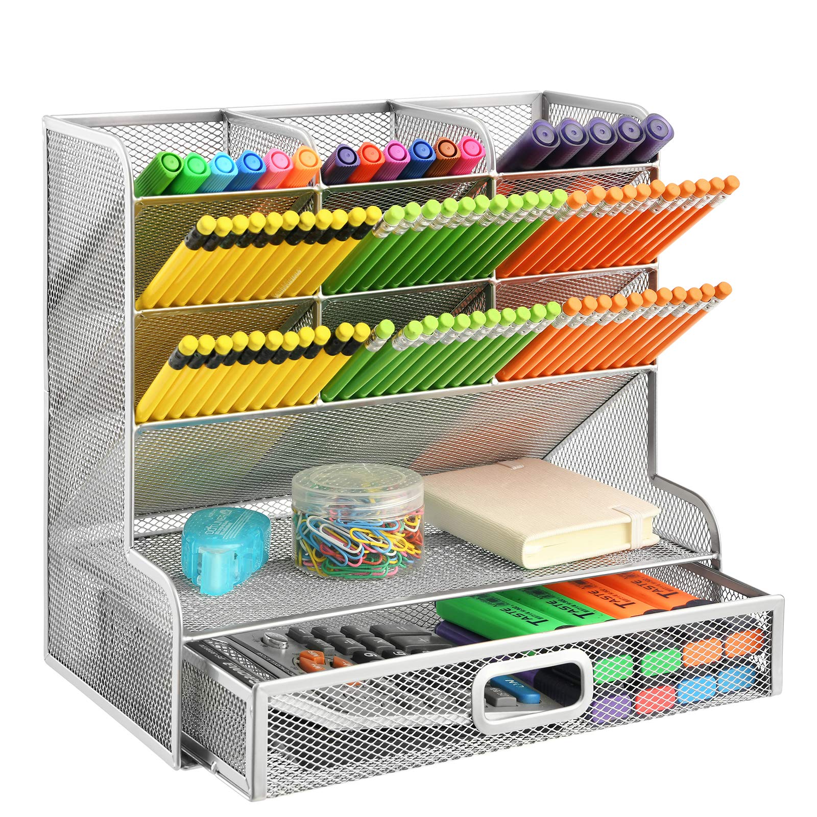 Marbrasse Larger Mesh Desk Organizer with Drawer, Multi-Functional Pen Pencil Holder, Desk