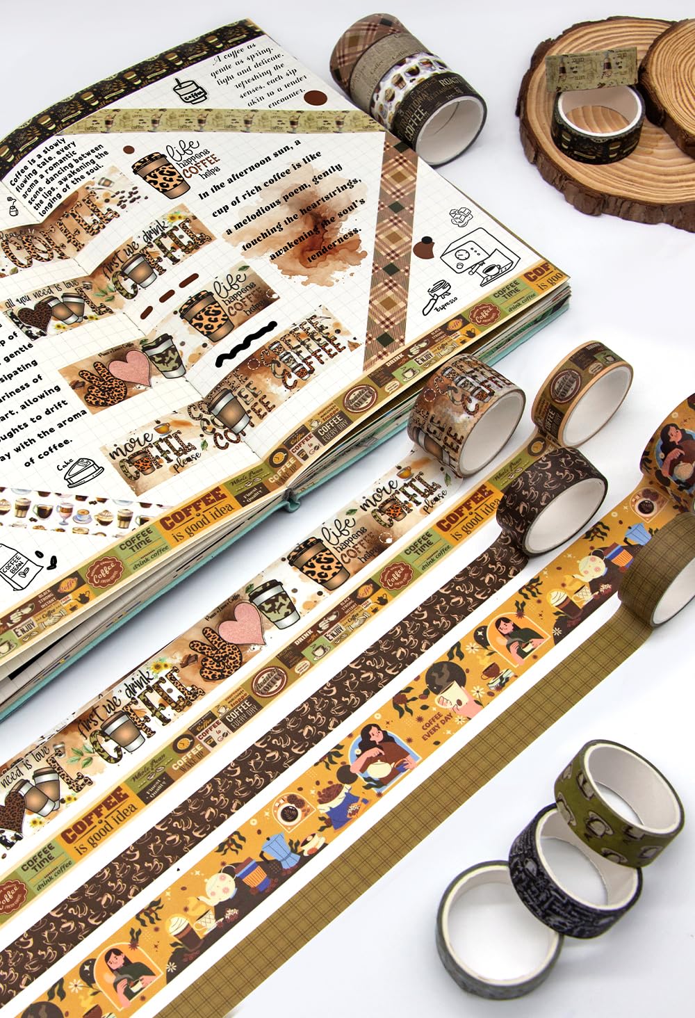 KOVANO Coffee Themed Washi Tape Set, 14 Rolls Vintage Crafts Tape, Art Decorative Tape for