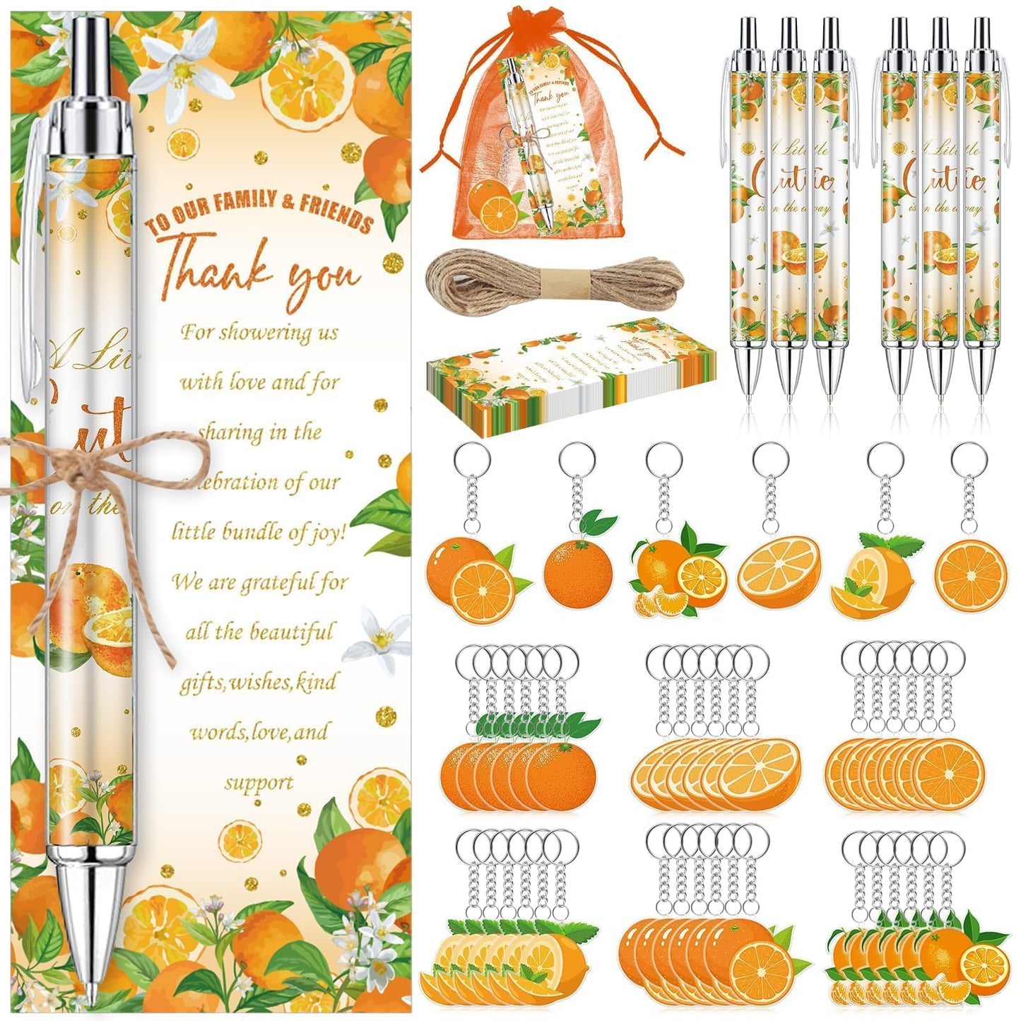 EYNDYN 145 Pieces Little Cutie Baby Shower Favors for Guest Orange Ballpoint Pens and Keychains