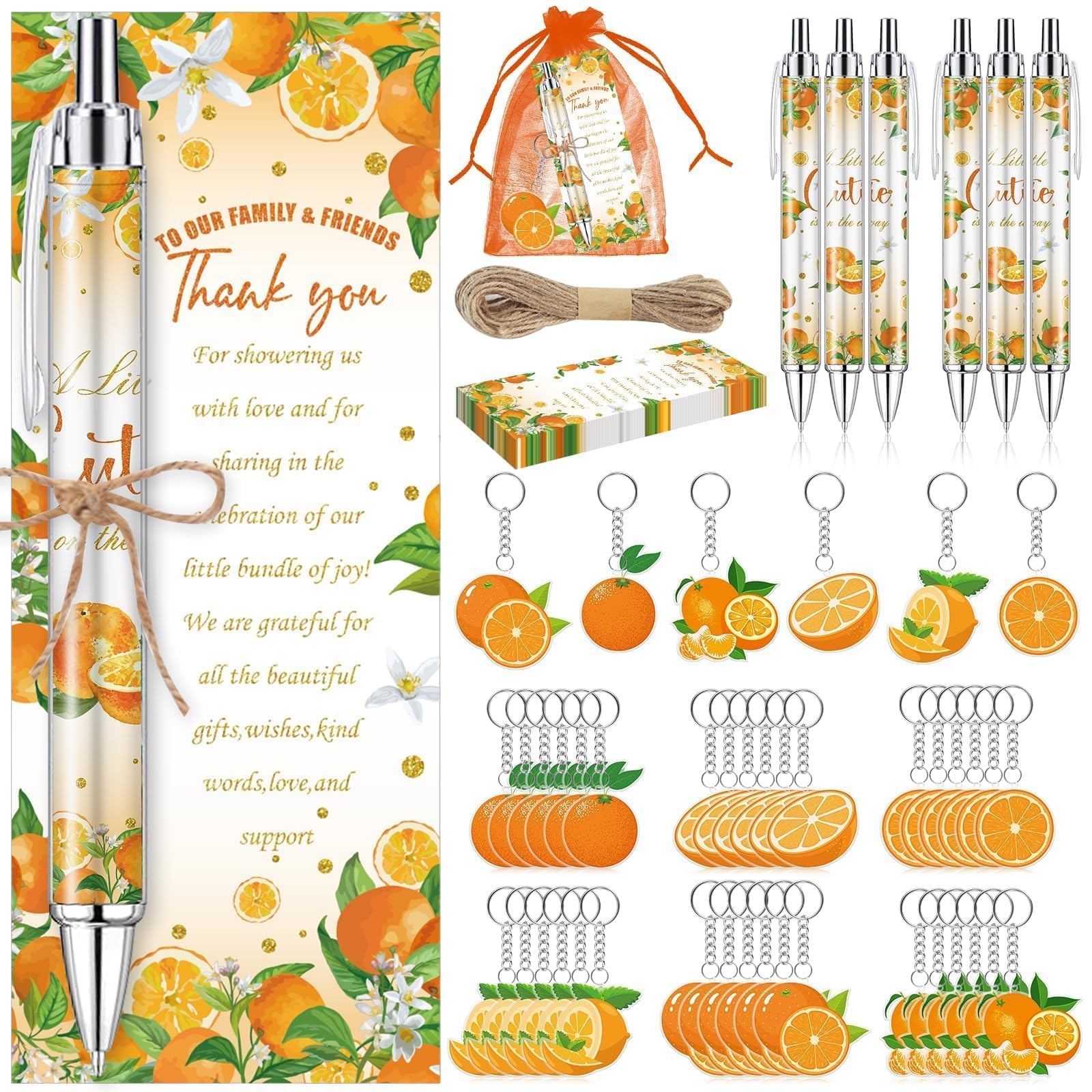 EYNDYN 145 Pieces Little Cutie Baby Shower Favors for Guest Orange Ballpoint Pens and Keychains