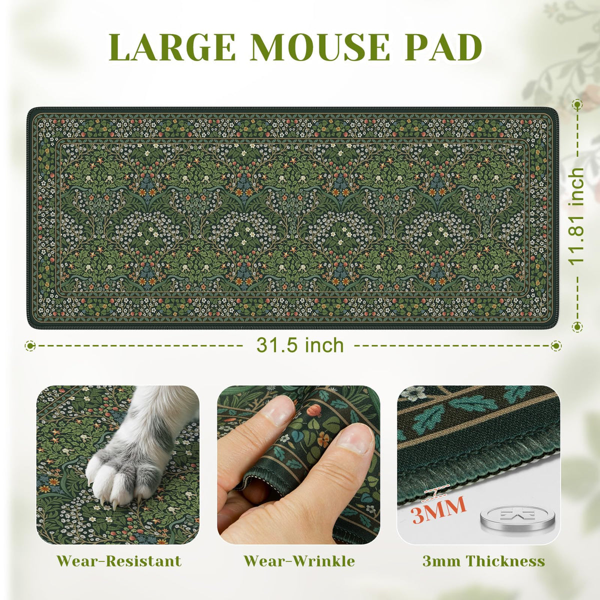 iCasso Aesthetic Floral Desk Mat, 31.5x11.8in Mouse Pads, Retro Green