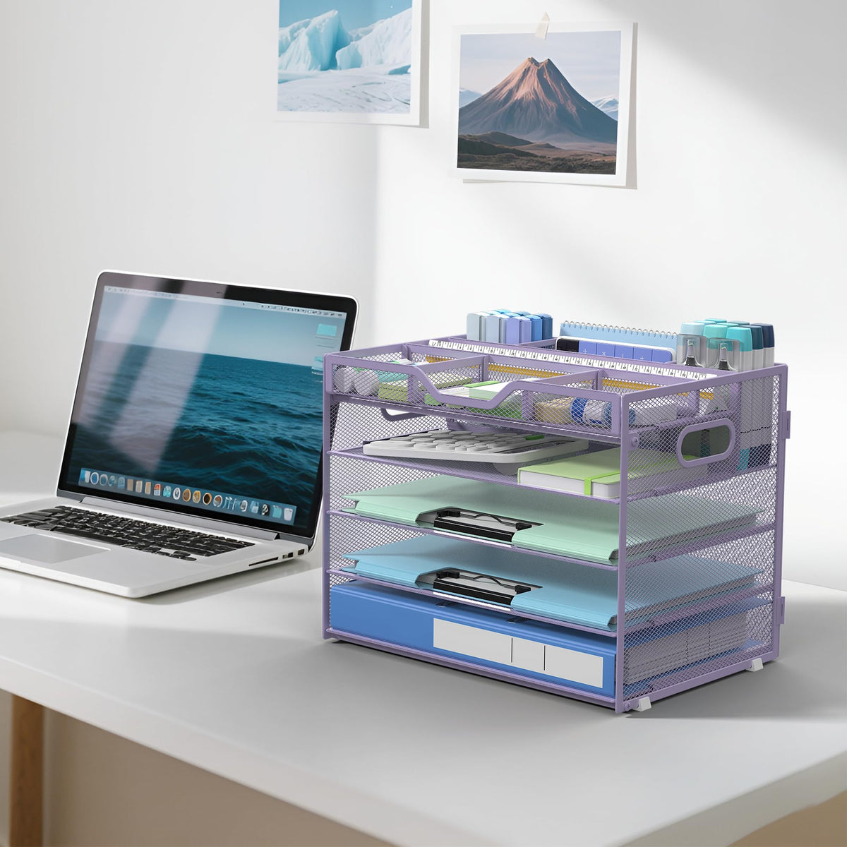 Docnest 5 Tier Mesh Desk Organizer with Removable Tray&Pen Holder, Purple