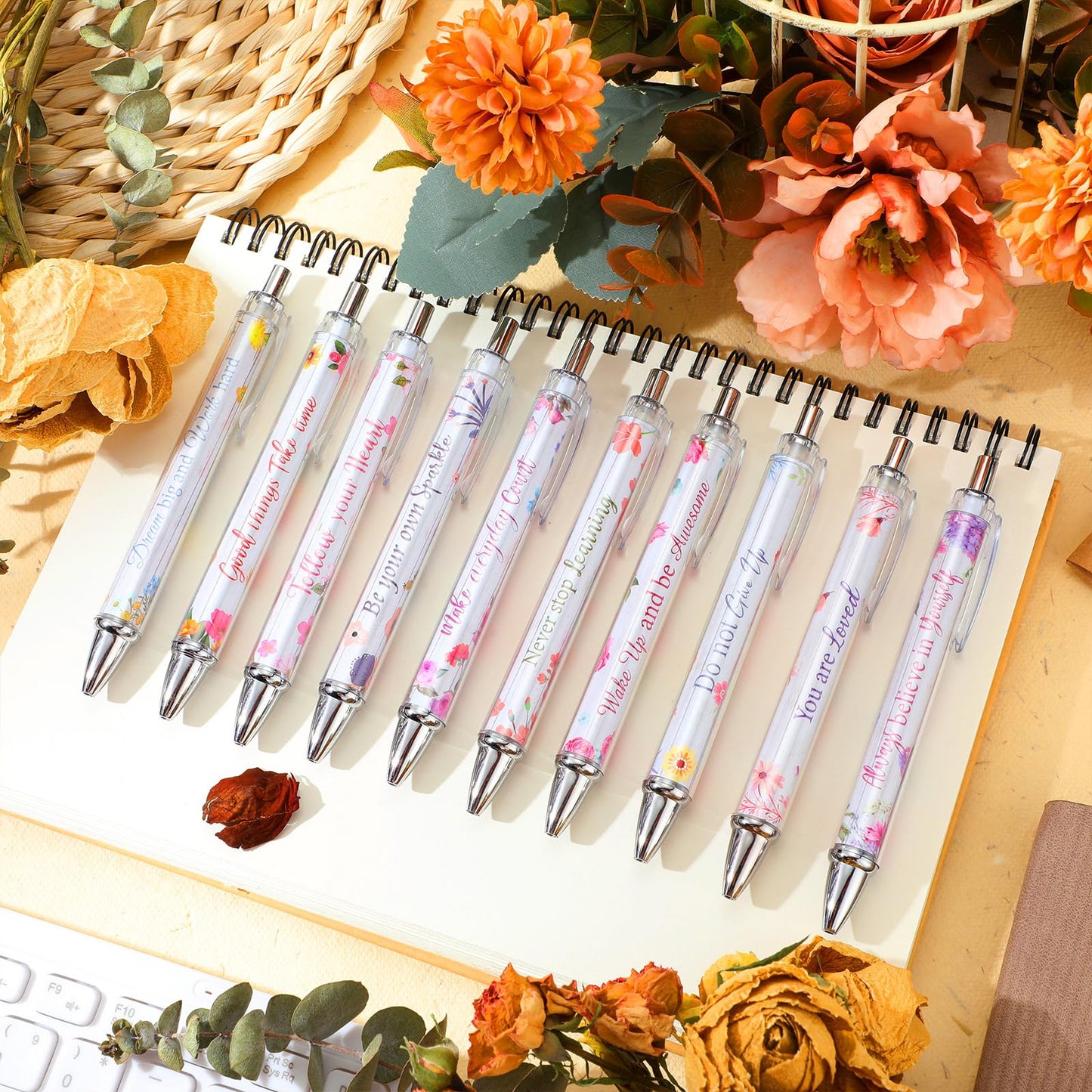 Yeaqee 50 Pcs Motivational Pens Bulk Inspirational Quotes,Floral Style