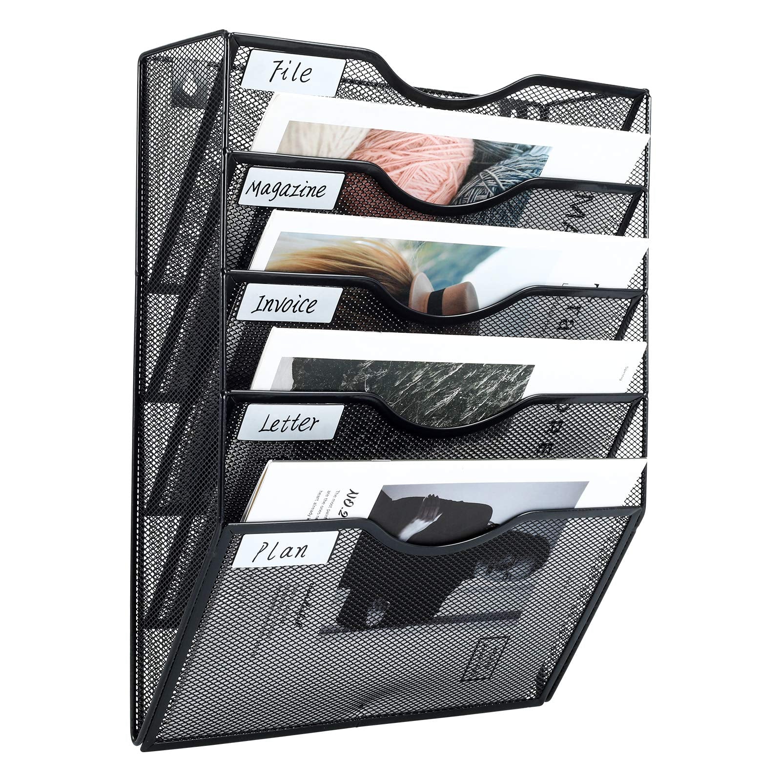 PAG-Mass Hanging Wall File Holder Mail Organizer Wall Mount Document Letter Rack, 5-Tier, Black