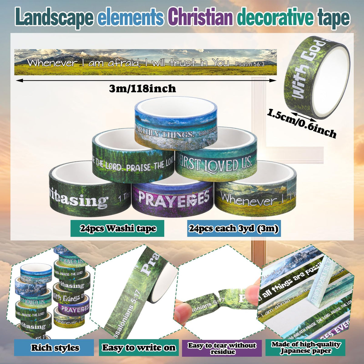 Janlaugh 24 Rolls Christian Washi Tape Gifts for Bible Journaling, Scenery
