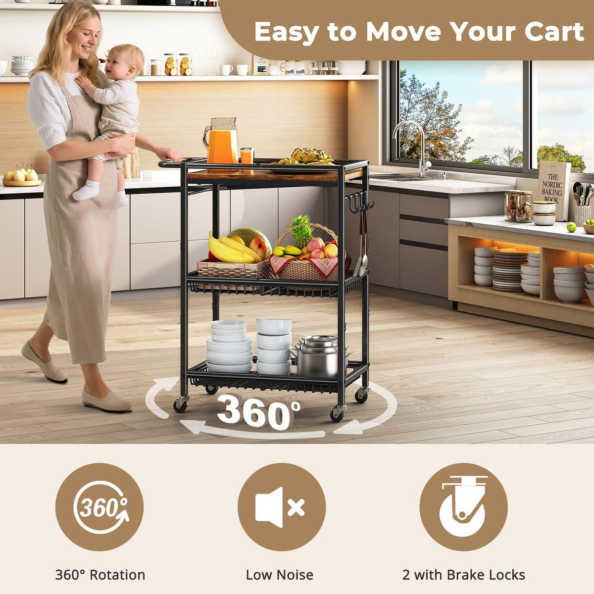 Microwave Kitchen Rolling Cart, 35.43" H Microwave Table Stand with Lockable Wheels, Utility Cart