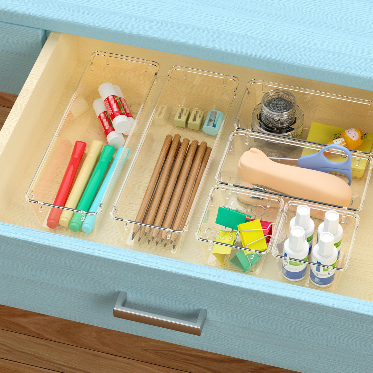 12 Pack Clear Drawer Organizer Set, Drawer Storage Trays, Storage Bins