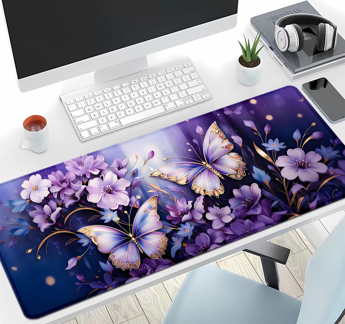 IMAYONDIA Gold Butterfly Desk Pad, Purple Flowers Large Mousepad, Floral Desk Mat, Modern Beutiful