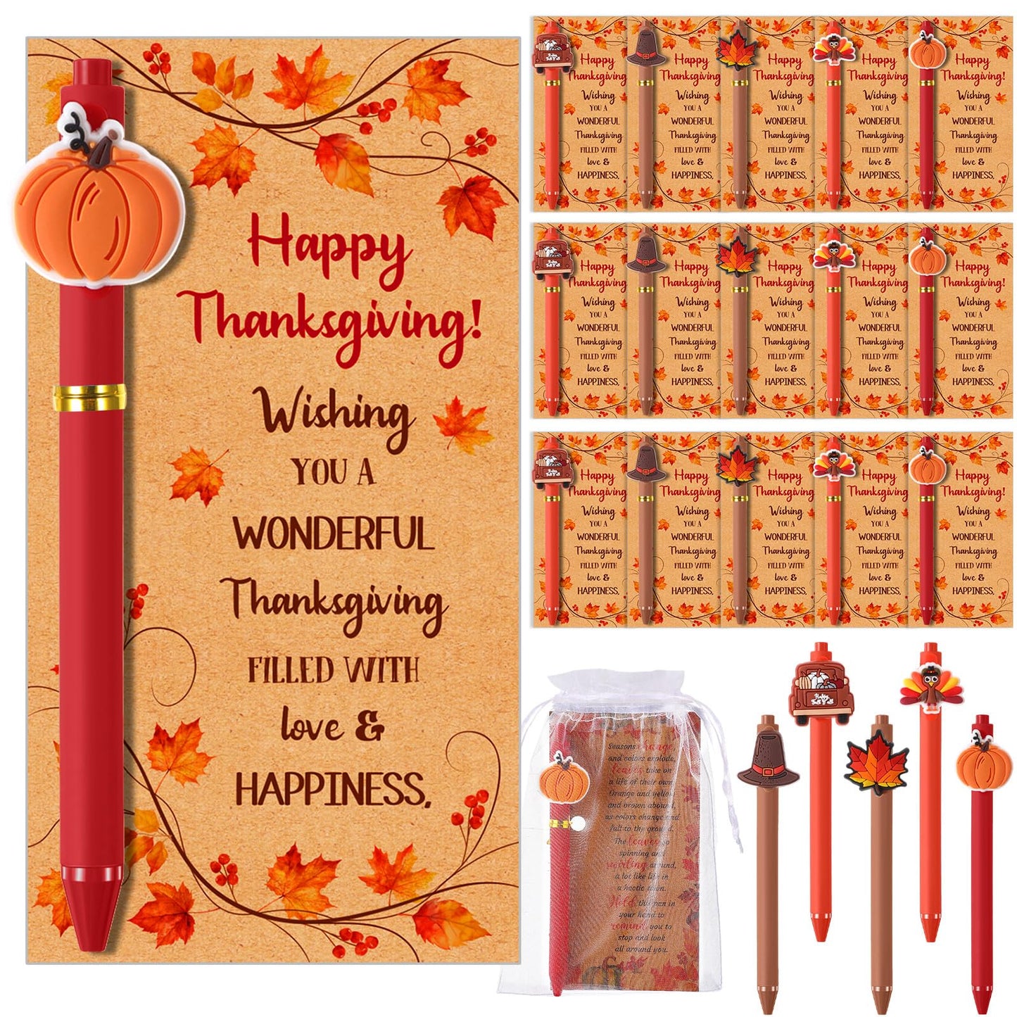 Marspark 30 Sets Thanksgiving Gifts Bulk Fall Ballpoint Pens and Cards