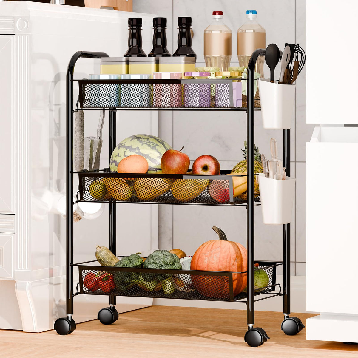 sxvbdway Fruit Vegetable Basket Storage Cart 5 Tier Stackable Metal Mesh Basket with 360 Degree