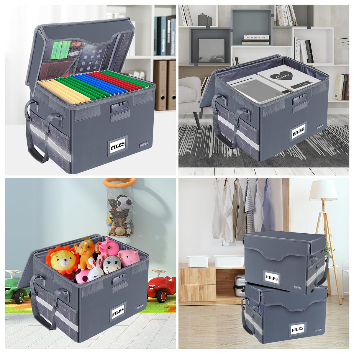 DocSafe Fireproof Document Box with Lock,File Storage Organizer with Zipper Pockets,Collapsible