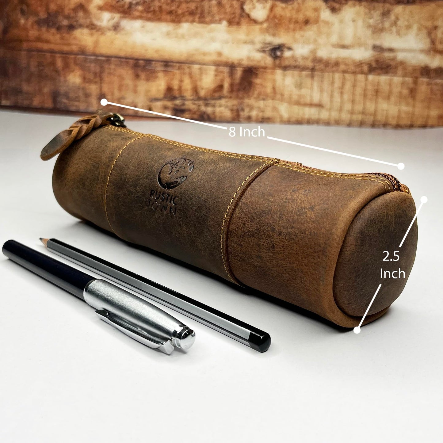 Rustic Town Leather Pencil Case - Full Grain Leather Zippered Pen Pouch - Stationery Bag Pen Holder