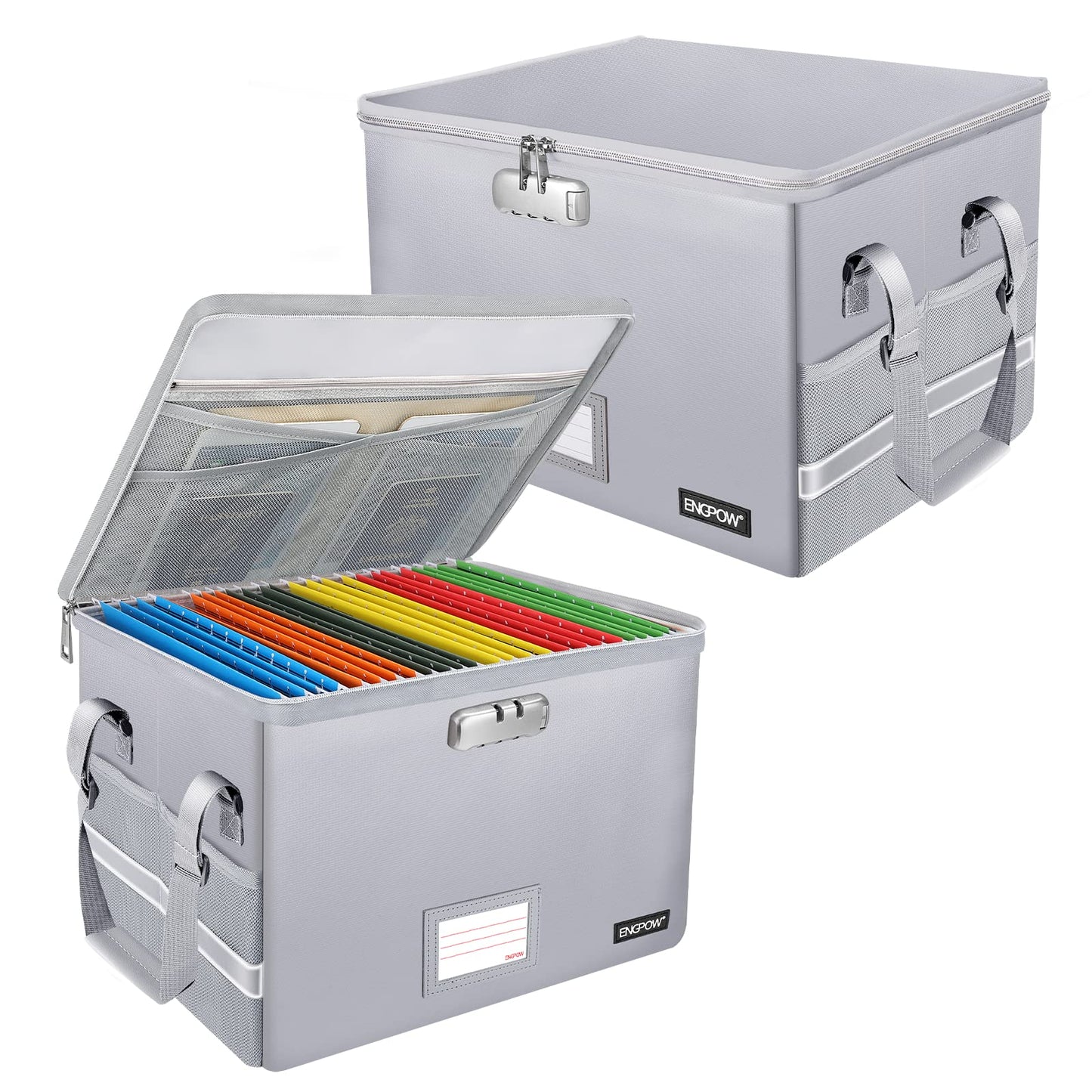 ENGPOW File Box with Lock, Fireproof Document Box with Pockets, Collapsible File Organizer Filing