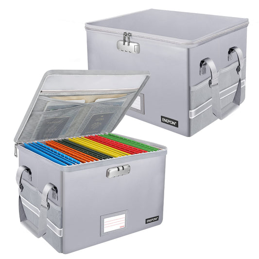 ENGPOW File Box with Lock, Fireproof Document Box with Pockets, Collapsible File Organizer Filing