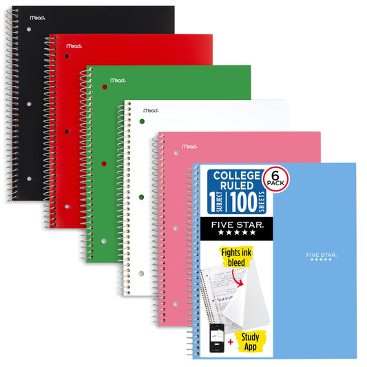 Five Star Spiral Notebook + Study App, 1 Subject, College Ruled Paper, 8.5" x 11", 100 Sheets