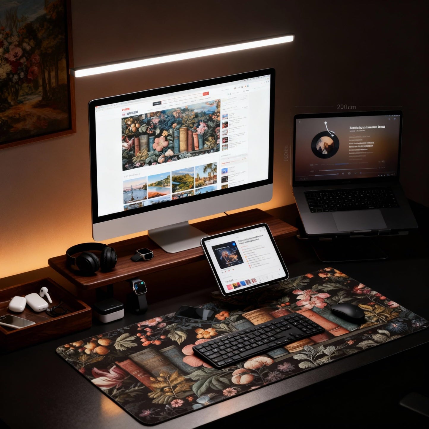 Dark Academia Desk Mat, Floral & Book Pattern XXL Mouse Pad with Anti-Slip Base & Stitched Edges