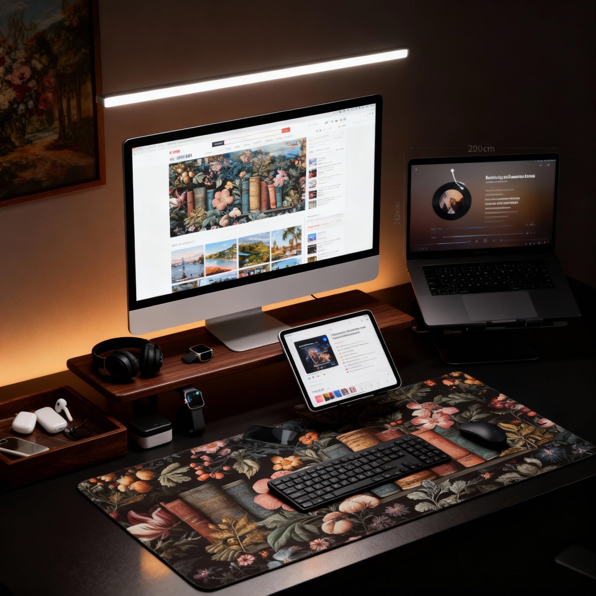 Dark Academia Desk Mat, Floral & Book Pattern XXL Mouse Pad with Anti-Slip Base & Stitched Edges