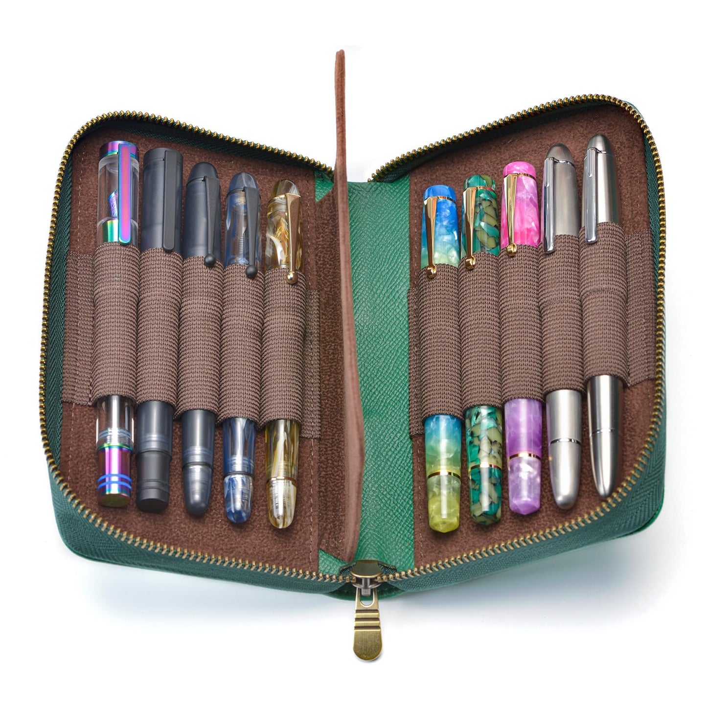 Fountain Pen Case Genuine Leather Pen Case 10 Divided Slots Army Green, Rollerball Pen Holder