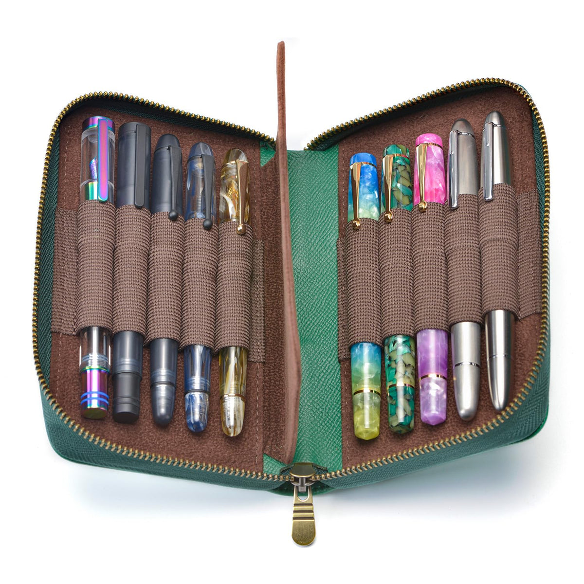 Fountain Pen Case Genuine Leather Pen Case 10 Divided Slots Army Green, Rollerball Pen Holder