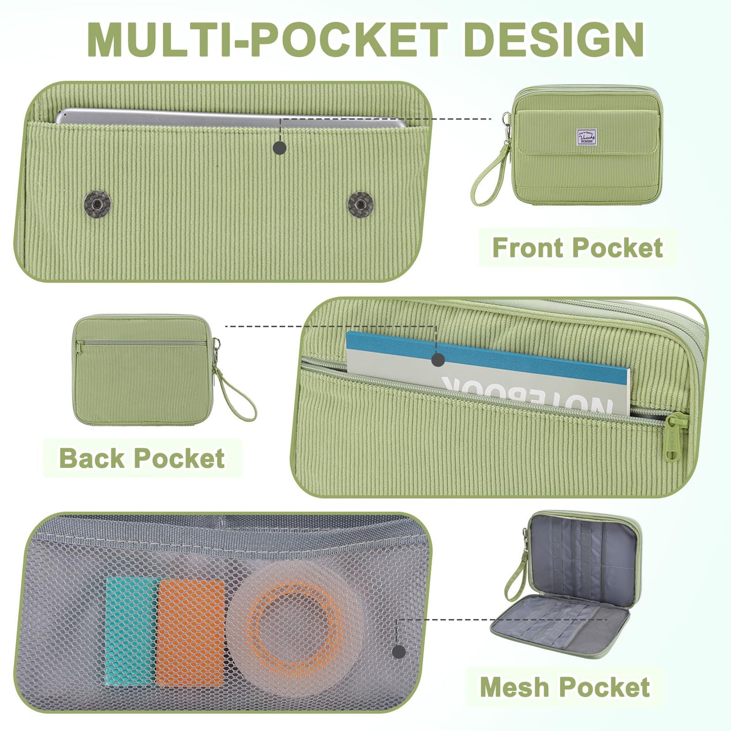 VASCHY Colored Pencil Case, Corduroy Large Pencil Pouch for Art Pens Markers Gel Pens Big Holder