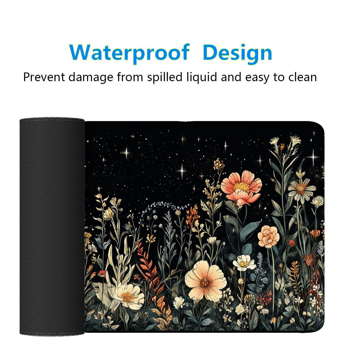 Cute Mystical Plants Desk Pad Whimsical Moon Stars Extended Gaming Mouse Mat with Stitched Edge