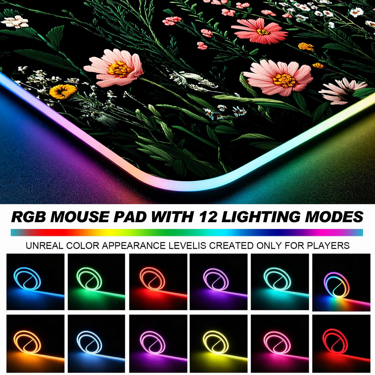 JIANG100 RGB Blooming Wildflowers Gaming Desk Mat & XL Mouse Pad, Black