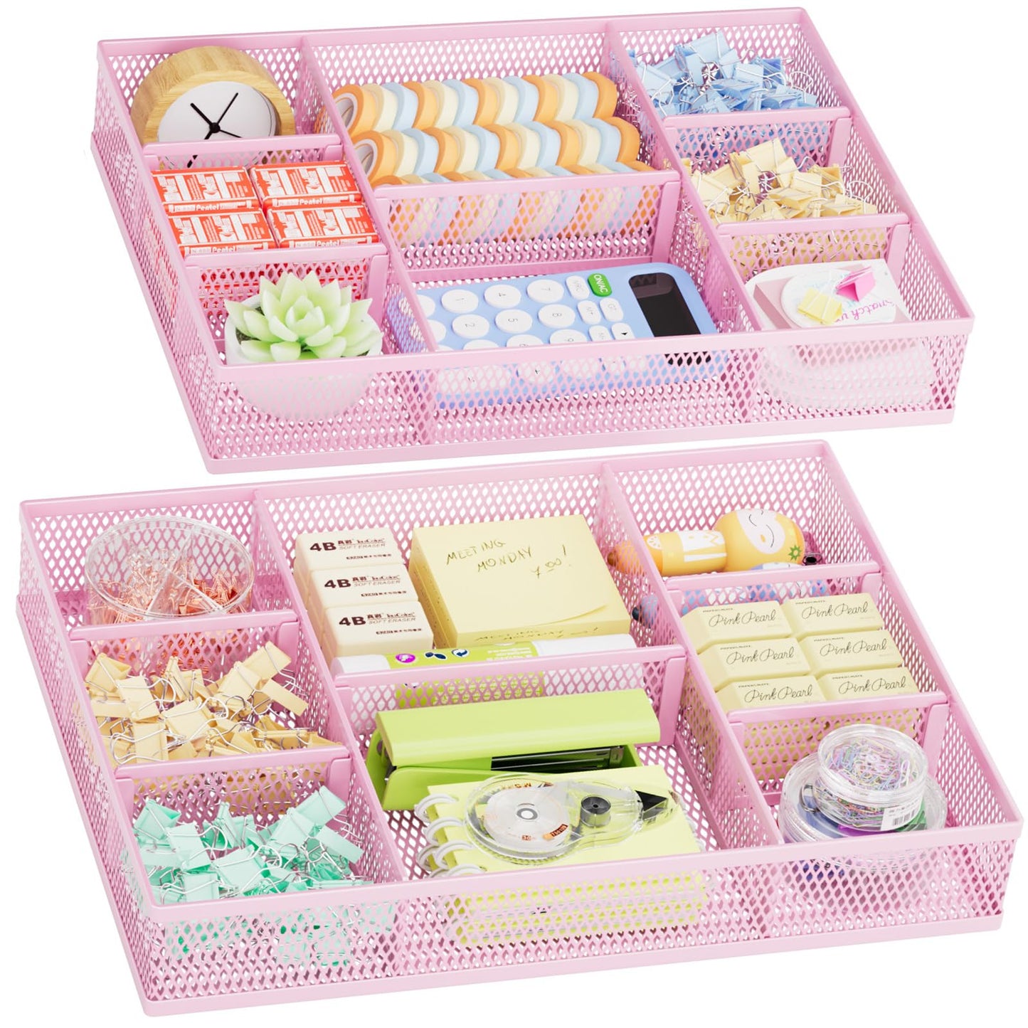 Marbrasse 2 Pack Desk Drawer Organizer, Mesh Drawer Organizer Tray with 8 Adjustable Compartments
