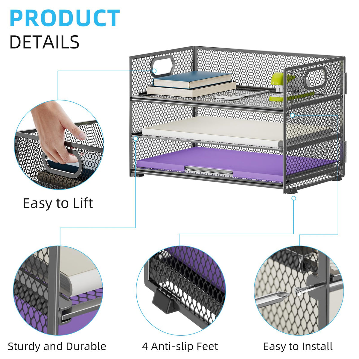Marbrasse 3 Tier Paper Organizer Letter Tray, Mesh File Organizer with Handle, Paper Sorter Desk